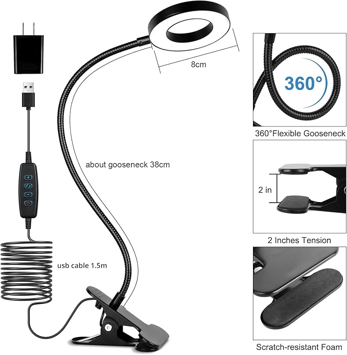 Woputne Desk Clip on Lamp for Reading Home Office, with 5V 2A Adapter, 10 Dimmable Brightness 3 Modes, Clamp Reading Light for Bed Headboard, Craft (2packs, Black)…