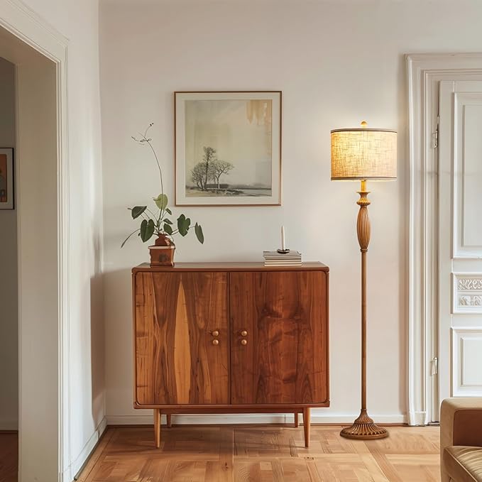 63.8" Vintage Floor Lamp with Rotary Switch, Dimmable Color Temperature Standing Lamp, Retro Farmhouse Floor Lamps for Living Room, Bedroom, Hallway, Office, Room Decor, Light Wood Grain