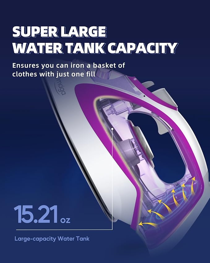 Omaiga Steam Iron for Clothes, 1750W Fast Heating with Powerful Steam, 15.21oz/450ml Large Water Tank, Ceramic Soleplate, Anti-Drip, Self-Cleaning, 3-Way Auto Shut Off for Home Laundry