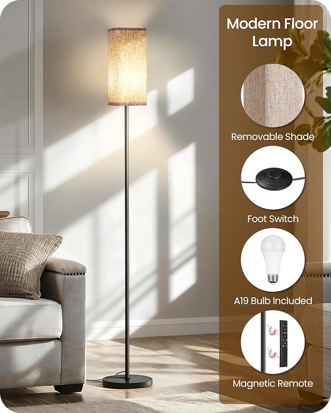 64.2” Dimmable Floor Lamp for Living Room with Remote and Foot Switch, Corner Floor Lamp for Bedroom, Includes 10W A19 Bulb, Modern Standing Tall Lamp, ETL Listed Beige and Black E17LD05