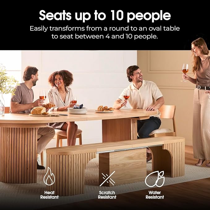 Transformer Table - Solid Wood Extendable Round Dining Table Set with 4 Chairs, Seats 4-10, Extendable Round Dining Set, Natural (Table + 4 Chairs)