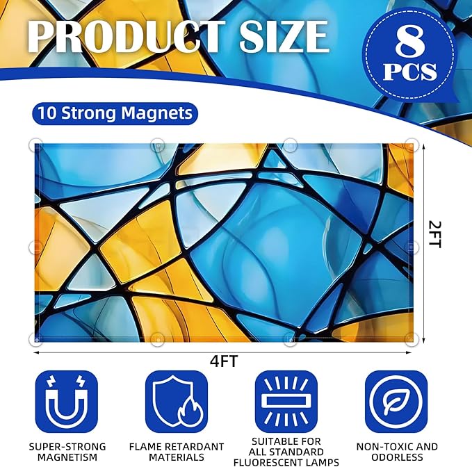 ANGSYLTH 8 Pcs Fluorescent Light Covers - 4 x 2 Feet Covers for Ceiling Lights, 8 x 10 Magnetic Light Filters for Classroom, Office, Hospitals (Colorful Art)