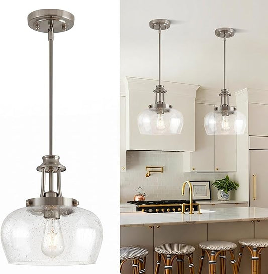 Modern Pendant Lights Kitchen Island, Brushed Nickel Pendant Light Fixtures with 10" Clear Air Bubble Glass Shade, Industrial Hanging Pendant Lights Fixture for Kitchen Island Dining Room Entryway
