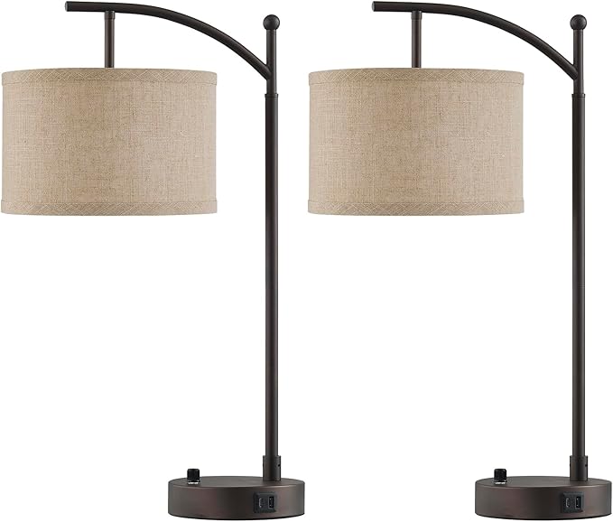 Table Lamp for Living Room Bedroom, 23.5" Table Lamps Set of 2 with USB C+A Ports, Bedside Lamps for Nightstand with Linen Lamp Shades, 2 Dimmable LED Bulbs Included, Brown