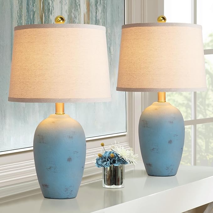 AIEAMPDO 21'' Set of 2 Coastal Small Ceramic Lamps for Bedroom, Traditional Nightstand Bedside Desk Table Lamp for Living Room Office Dorm, 2 Bulbs Included