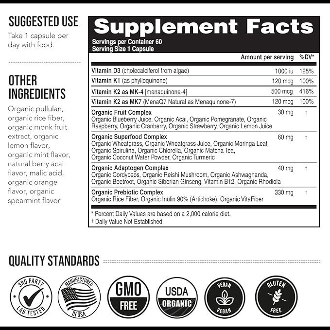Total K2® | Vitamine K2 sous forme de MK7 et MK4 | Plus K1 et vitamine D3 cofacteur - 620 mcg de K2 par portion - MK7 tout-trans issue de MenaQ7® - Vitamine K à spectre complet - Végétalienne, certifiée biologique (60 gélules)