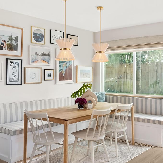 Hand Woven Boho Pendant Light Coastal Mini Modern Chandelier Adjustable Transitional Minimalist Pendant Lighting Fixtures for Kitchen Island Dining Room, White, Dia 12.2”, UL Listed
