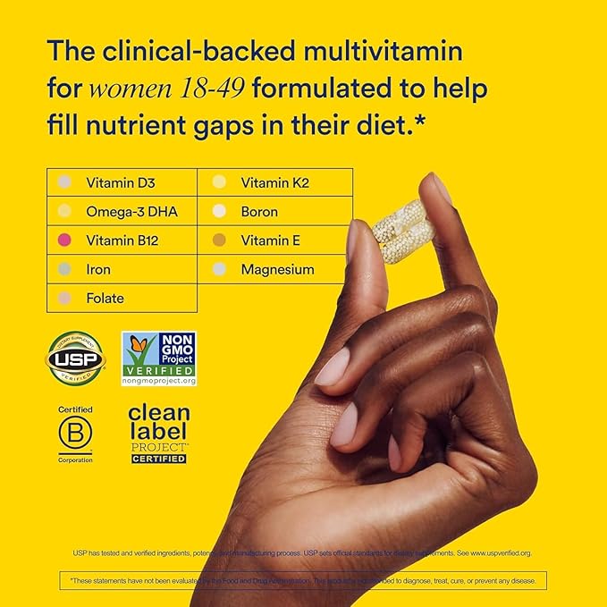 Ritual Multivitamin for Women 18+ with Vitamin D3 for Immune Support*, Vegan Omega 3 DHA, B12, Iron, Gluten Free, Non GMO, USP Verified, Citrus, 30 Day Supply, 60 Capsules