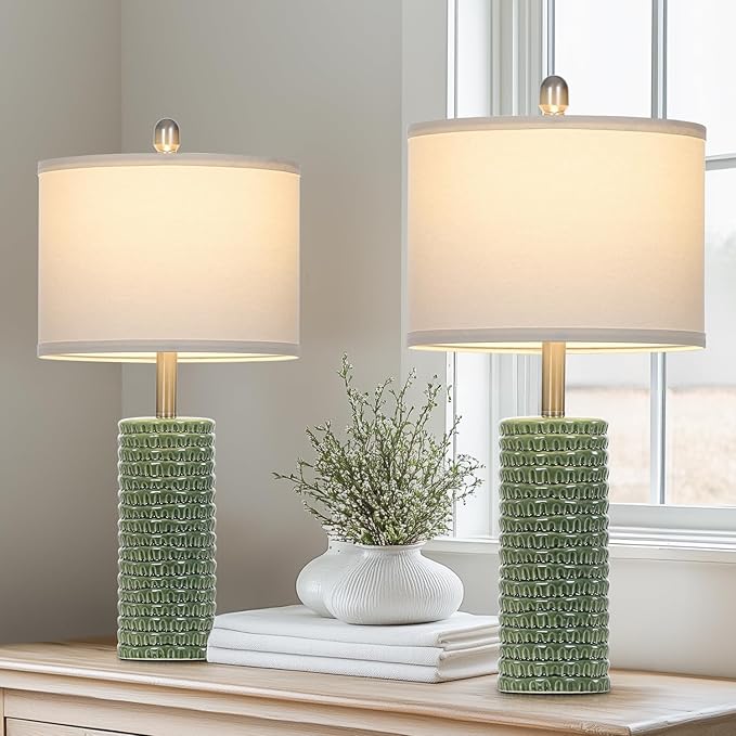 Cinyirong 24.5" Green Ceramic Table Lamps Set of 2, Farmhouse Table Lamps for Living Room, Modern Lamps for Bedroom Night Stands, Traditional Nightstand Desk Lamps(LED Bulbs Included)