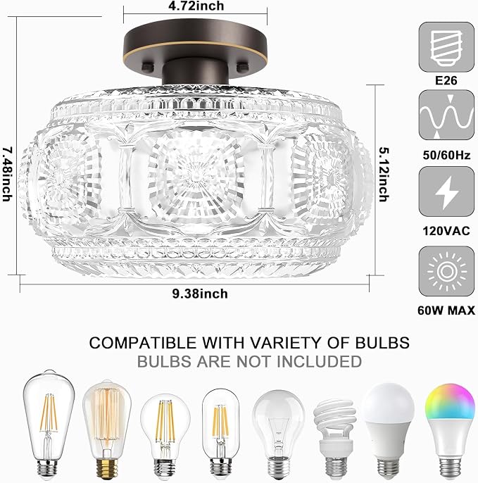 Semi Flush Mount Ceiling Light, Globe Glass Ceiling Light Fixture, Oil Rubbed Bronze with Gold Trim Modern Lighting for Hallway Bedroom Entryway Kitchen Porch, Bulb Not Included