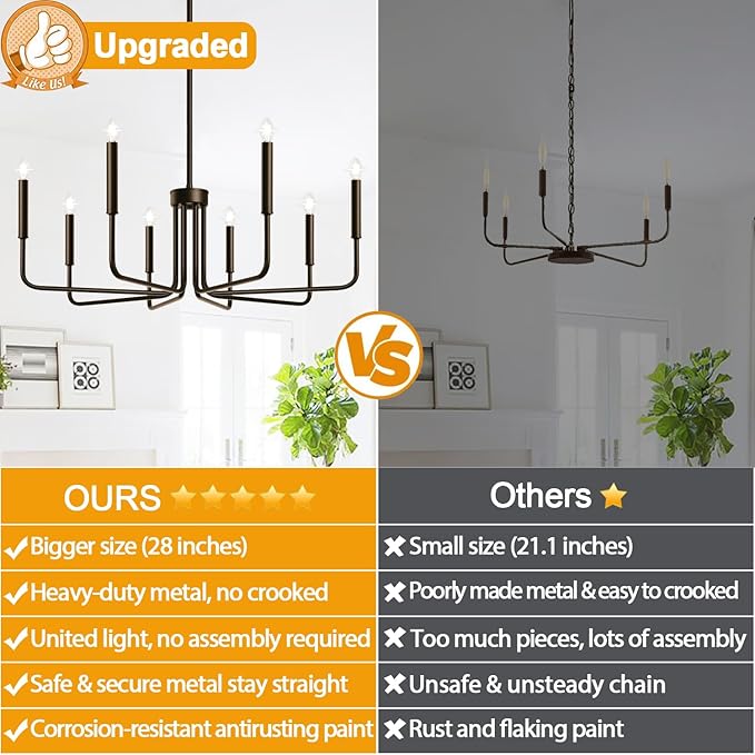 8-Light Farmhouse Chandelier for Dining Room Lighting Fixtures Hanging, Oil-Rubbed Bronze Dining Light Fixtures Industrial Chandelier for Bedroom, Foyer, Hall, Kitchen, Living Room and Entryway