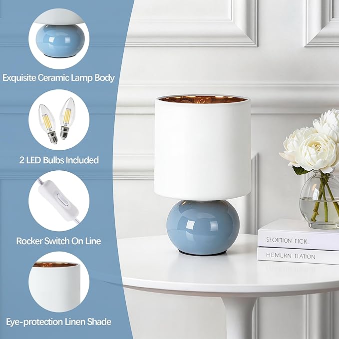 Hamucd Ceramic Table Lamps Set of 2, Modern Classic Bedside Lamps for Nightstand, Small Table Lamp for Bedroom Living Room Desk End Table(Blue)