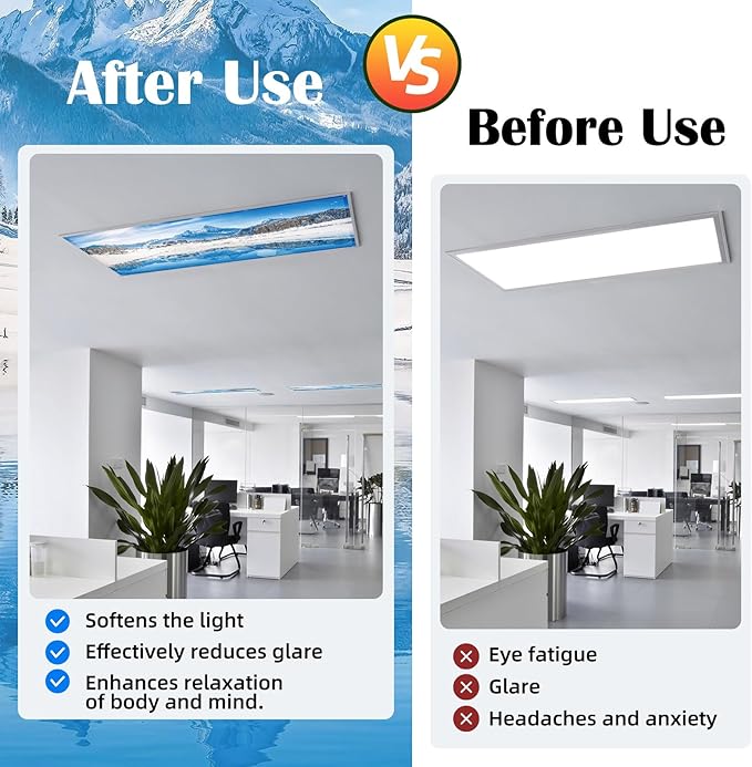 ANGSYLTH 8 Pcs Fluorescent Light Covers - 4 x 2 Feet Covers for Ceiling Lights, 8 x 10 Magnetic Light Filters for Classroom, Office, Hospitals (Winter - Snow)