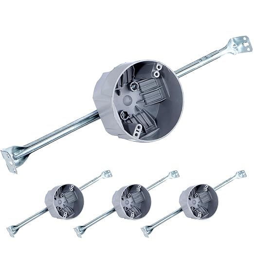 (4 Pack) Round PVC Electrical Box With Adjustable Bar, For New Work, Bar Adjusts From 16 to 24 Inches, Grey Fixture Box, 20 Cubic Inch Capacity, Supports Up To 50 lbs., For Non-Metallic Sheathed Cable