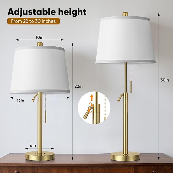 Tall Table Lamps Set of 2, Modern Gold Table Lamps with White Shade for Living Room, Height Adjustable Nightstand Lamps for Bedroom, 3 Color Temperature Beside Lamps with Pull Chain(Bulbs Included)