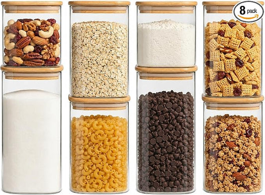 Airtight Glass Storage Containers with Lids 8 Pack, 25/37 /50oz Square Glass Jars with Bamboo Lids, Kitchen Canister Set for Pantry Organization Food Storage for Flour Sugar Rice Pasta Cereal