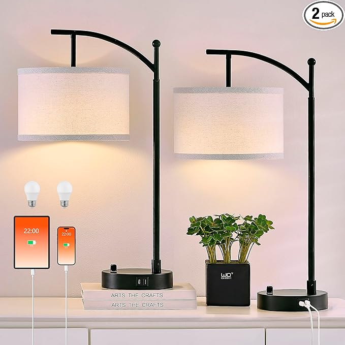 Table Lamp for Living Room Bedroom, 23.5" Table Lamps Set of 2 with USB C+A Ports, Bedside Lamps for Nightstand with Linen Lamp Shades, 2 Dimmable LED Bulbs Included, Black