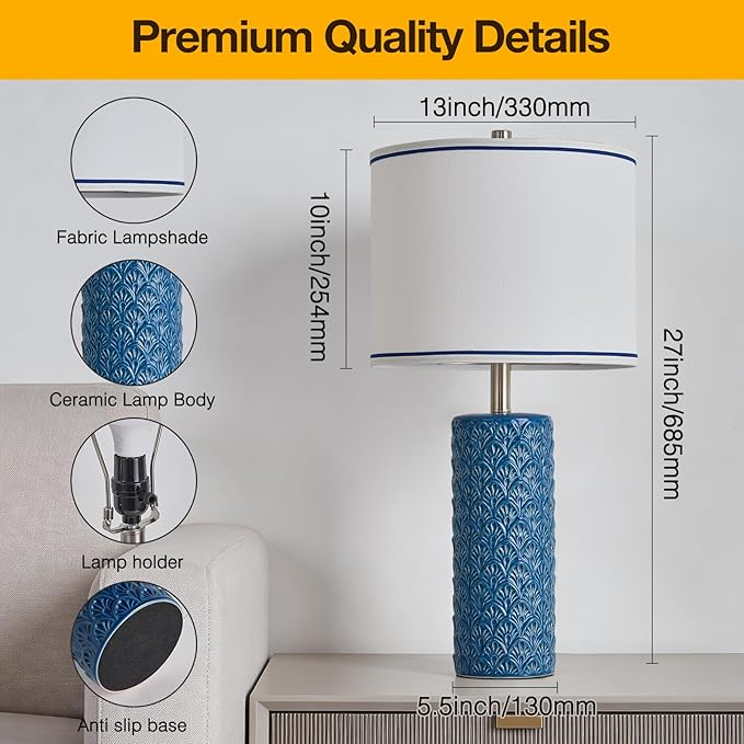 27" Farmhouse Bedside Table Lamp Set of 2, Bule Modern Ceramic Lamps for Living Room, 3 Color Temperature Rustic Table Lamps for Bedroom, Night Stands, Dorm,Office, Home Décor (Bulb Included)