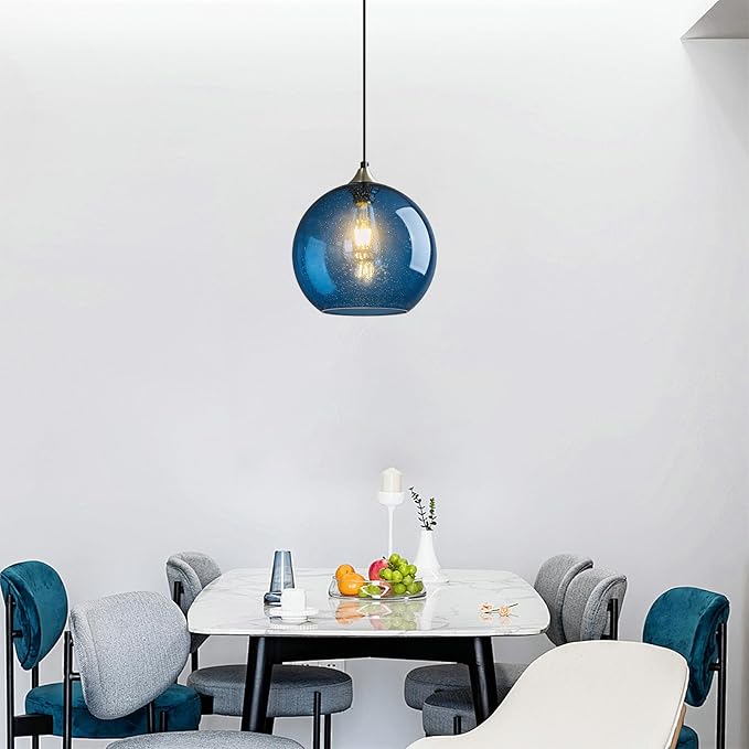 Mikeru Glass Globe Pendant Light Single, 5.9 Inch Blue Bubble Glass Hanging Lamp, Mid Century Modern Pendant Lighting for Kitchen Island Dining Room Bedroom (Bulb Not Included)