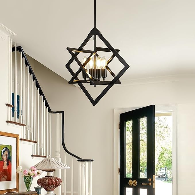 18" Modern Black Chandelier for Dining Room, No Assembly Required 4-Light Dining Room Light Fixture Over Table, Industrial Metal Hanging Pendant Lights Fixture for Kitchen Island, Entryway, Foyer