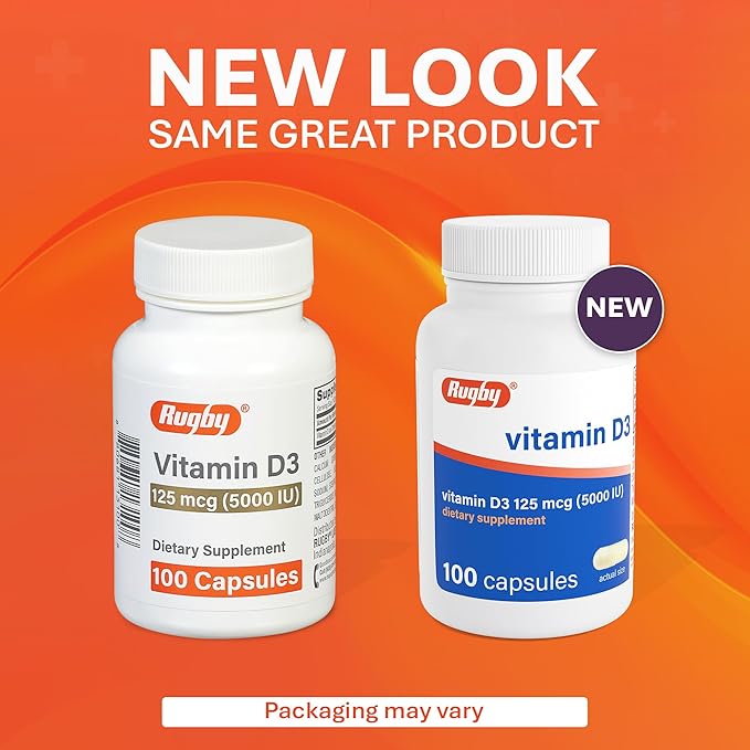 Rugby Vitamin D3 5,000 IU (125 mcg) - Vitamin D Dietary Supplement for Bone, Teeth, and Immune Health, 100 Capsules