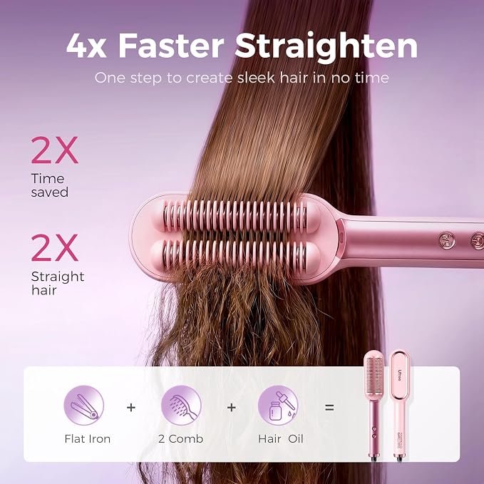 Ufree Hair Straightener Brush, Double Row Negative Ion Hot Comb for Women, 9 Temps Fast Heating 430°F LED Display, Anti Frizz, Works on Natural Curly Thick Hair, Dual Voltage Travel Ready