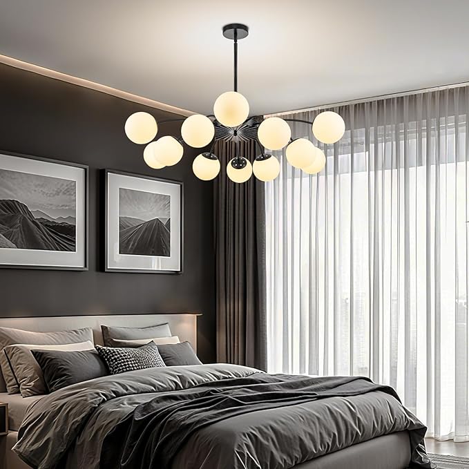12-Light Milk Glass Pendant Light, 40" Sputnik Bubble Glass Chandelier Light Fixture, Hand Blown Semi Flush Mount Ceiling Chandeliers Lighting for Dining Room, Living Room (Black, 12-Light Chandelier)