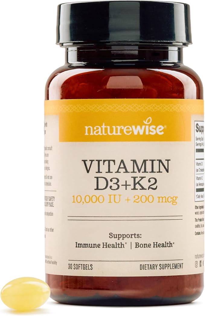 NatureWise Vitamine D3 10 000 UI et K2 (MK-7) 200 µg avec huile de noix de coco extra vierge biologique – Soutient l'absorption du calcium, la santé des os, du cœur et du système immunitaire – Sans OGM, sans soja et sans gluten – 30 gélules