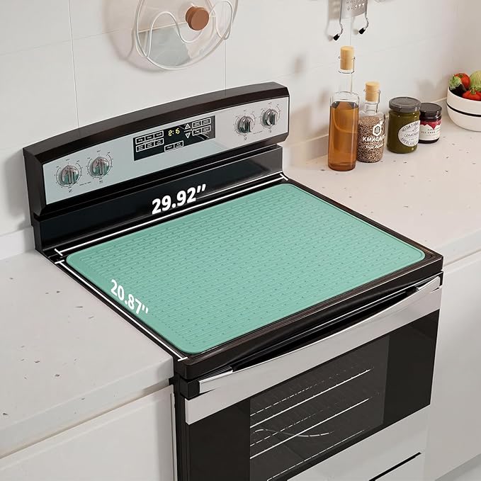 Stove Top Cover for Electric Stove - Food Grade Ceramic Stove top Cover, Silicone XXL Dish Drying Mat, Glass Cooktop Covers, Flat RV Range top Mats (Green Thickened,30x21)
