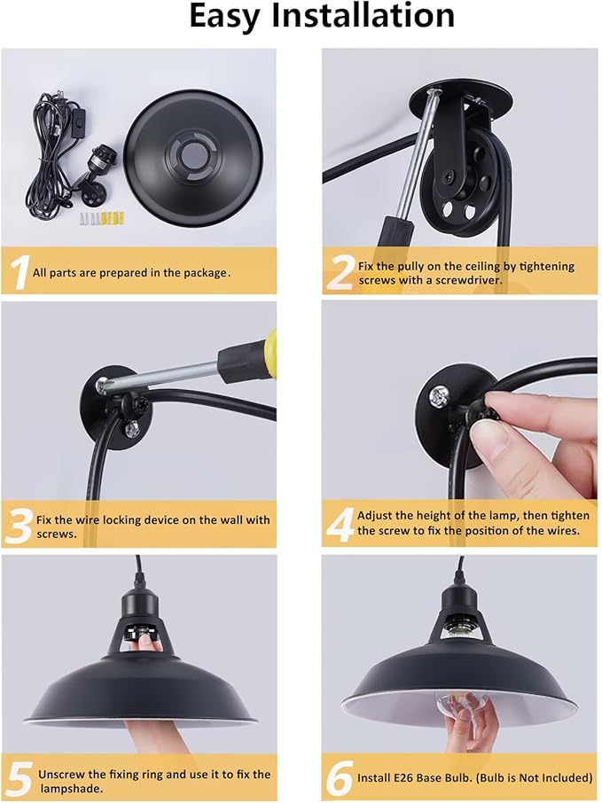 Lomoky Plug in Pulley Pendant Light with 14.76ft Cord On/Off Switch, Industrial Barn Black Hanging Lights with Plug in Cord, Pulley Wall Pendant Lamp for Kitchen Island, Pool Table, Bedroom, 1 Pack
