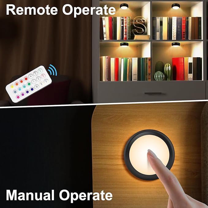 BLS LED Puck Lights with Remote Control, Wireless Under Cabinet & Closet Lighting, RGB 13 Color Changing Lights with Dimmer, Timer & AA Battery Operated, Push, Touch, Stick on for Night, Black, 2 Pack