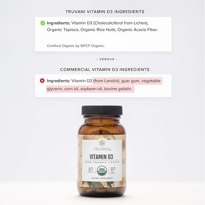 Truvani オーガニックビタミンD3 - 植物性、USDAオーガニック、グルテンフリー、非GMO、ヴィーガンD3サプリメント - 骨、免疫、脳の健康をサポート - 30粒 (2個パック)