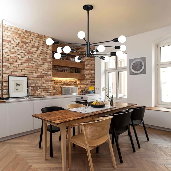 KAISITE Modern Sputnik Chandelier - 12-Light Black Farmhouse Ceiling Light Fixture for Dining Room, Kitchen, Living Room