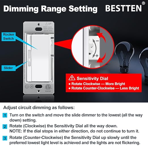 BESTTEN 6 Pack Super Slim Slide Dimmer Light Switch, Single Pole or 3 Way Dimmer Switches, Compatible with LED Dimmable Lamp, CFL, Incandescent, Halogen Bulb, ETL Listed, White