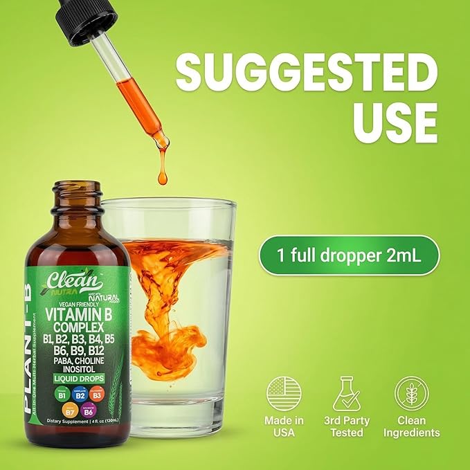 Complexe de Vitamines B Liquide | Thiamine B1, B6, B2, B3, B4, B5, B7, B9, B12, Niacinamide, Paba, Choline Inositol Taurine Probiotiques Racine de Betterave Spiruline - Compléments Alimentaires de Vitamines B Végétales par Clean Nutra
