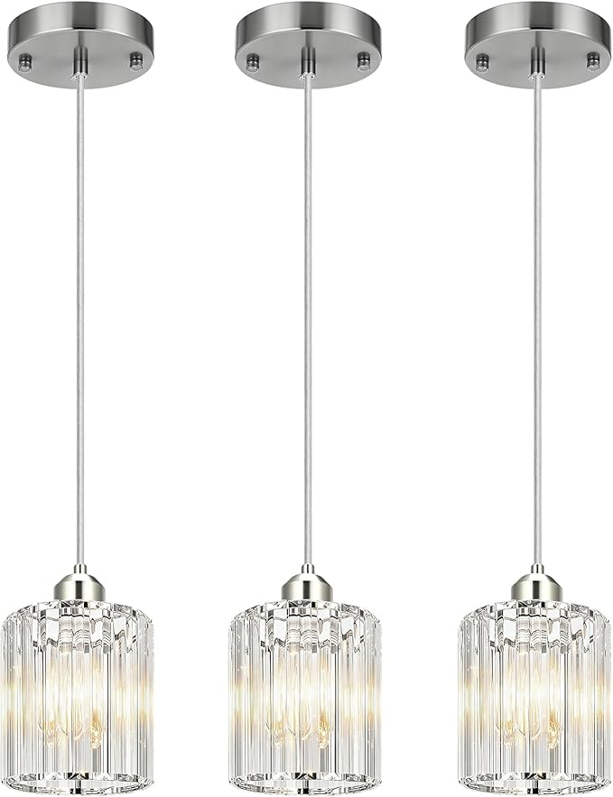 3 Pack Pendant Lights Kitchen Island, Modern Island Lights for Kitchen with Crystal Glass – Luxury Nickel Pendant Lights for Kitchen Island, Dining Table, Entryway, Restaurant
