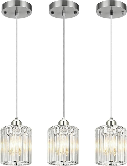 3 Pack Pendant Lights Kitchen Island, Modern Island Lights for Kitchen with Crystal Glass – Luxury Nickel Pendant Lights for Kitchen Island, Dining Table, Entryway, Restaurant