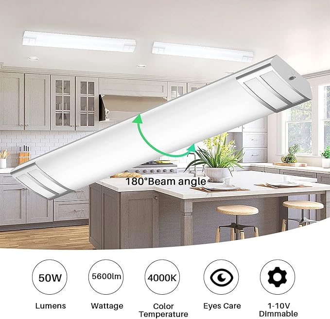 FAITHSAIL Dimmable 4FT LED Flush Mount Kitchen Light Fixtures, 50W 5600lm, 1-10V Dimmable, 4000K, 4 Foot LED Kitchen Lighting Fixtures Ceiling for Craft Room, Laundry, Fluorescent Replacement