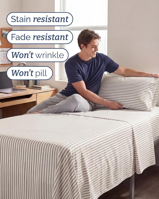 Twin XL 4 Piece Sheet Set - Comfy Breathable & Cooling - Soft Hotel Luxury Bedding Set w/ 8-16 Inch Deep Pockets - 1 Flat & 1 Fitted Sheet & 2 Pillowcases - Wrinkle Free & Easy Care - Beige Stripes 2