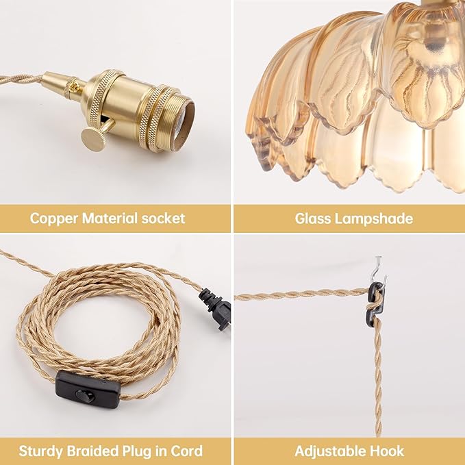 Shenmoyl Plug in Pendant Light Hanging Light Fixtures with Plugin Cord On/Off Switch,Amber Scindapsus Glass Lampshade Brass Pendant Light