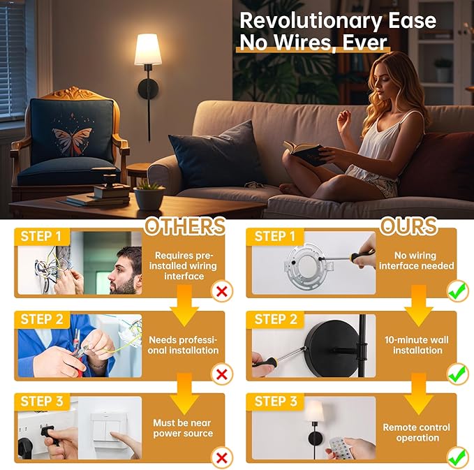 Shenmoyl Rechargeable Wall Sconces Set of 2-80H Battery Life, Dimmable 12 Colors, 22.6" Modern Wall Light for Bedroom Living Room, Black