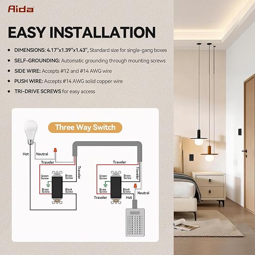 AIDA 1 Pack 3 Way Rocker Decora Light Switch, 15 Amp Self-grounding Electrical Light Switches, Residential Grade, UL Listed, Matte Black