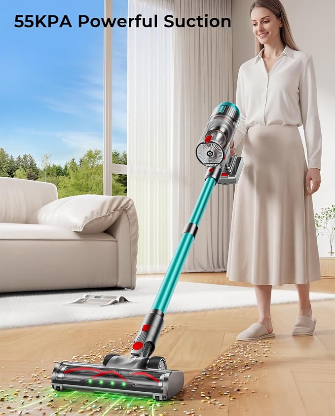 Cordless Vacuum Cleaner, 80Mins 650W/55KPA Self-Standing Vacuum Cleaners for Home, Stick Vacuum with Anti-Tangle Brush, LED Screen, Rechargeable Vacuum for Floor/Carpet/Pet Hair