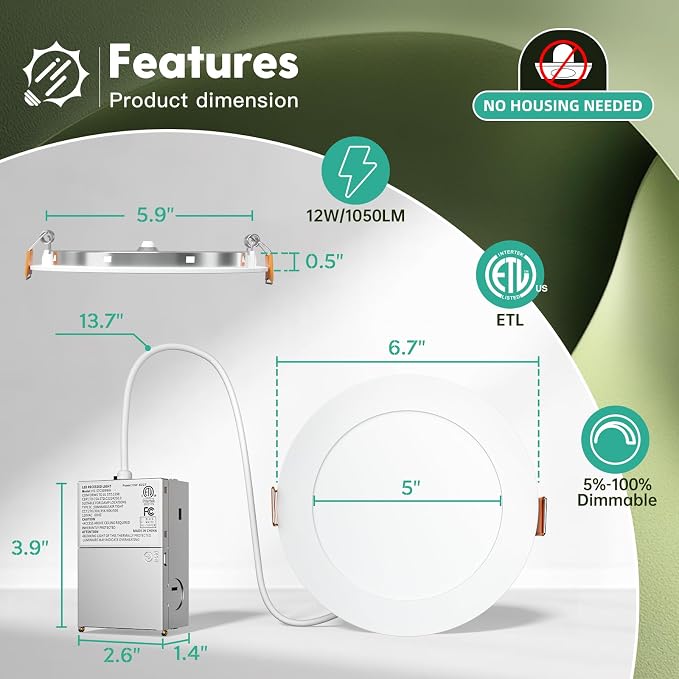 FREELICHT 6 Pack 6 Inch 5CCT Ultra-Thin LED Recessed Ceiling Light with Junction Box, 2700K/3000K/3500K/4000K/5000K Selectable, 1050LM Brightness, Dimmable Canless Wafer Downlight, 12WEqv110W, ETL&FCC