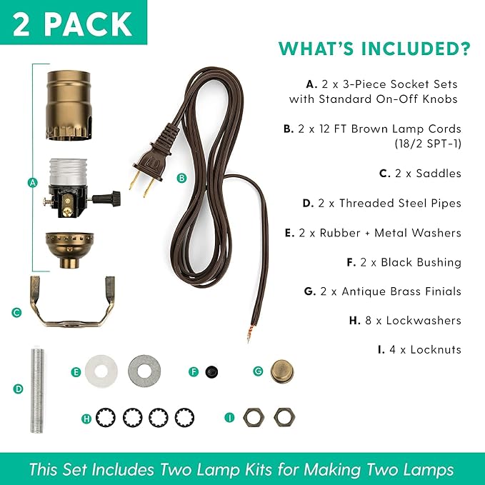 DIY Lamp Wiring Kit, Antique Brass 3-Way Socket & 12FT Brown Cord (2 Pack), for Making & Fixing Table or Floor Lamps, Repair & Rewire Vintage Lighting Fixtures, Complete Hardware Set