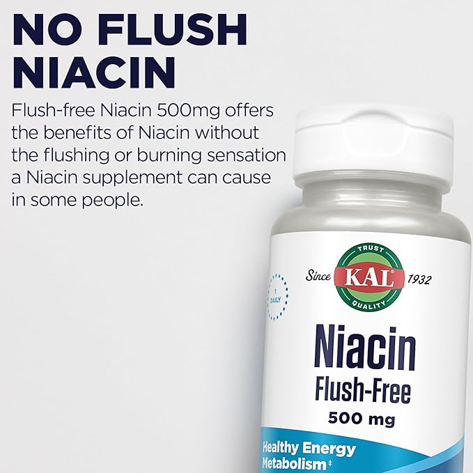 KAL ナイアシン 500mg フラッシュフリー - ビタミンB3サプリメント - 代謝とエネルギーのサポート - 肌、神経、消化器系の健康と血行をサポート - ヴィーガンビタミン、60日間保証、60回分、60粒ベジカプセル