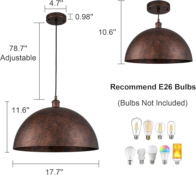 Lingkai 17.7” Industrial Metal Dome Pendant Light, Rust Industrial Pendant Lights for Kitchen Island, Dimmable Hanging Light Fixtures Compatible for Kitchen Island, Dining Room