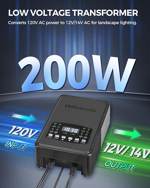 200W Low Voltage Landscape Transformer, 2 Zone Independent Control Landscape Lighting Transformer, 120VAC to 12/14V AC Low Voltage Transformer with Timer & Photocell Sensor ETL Listed D21LT06