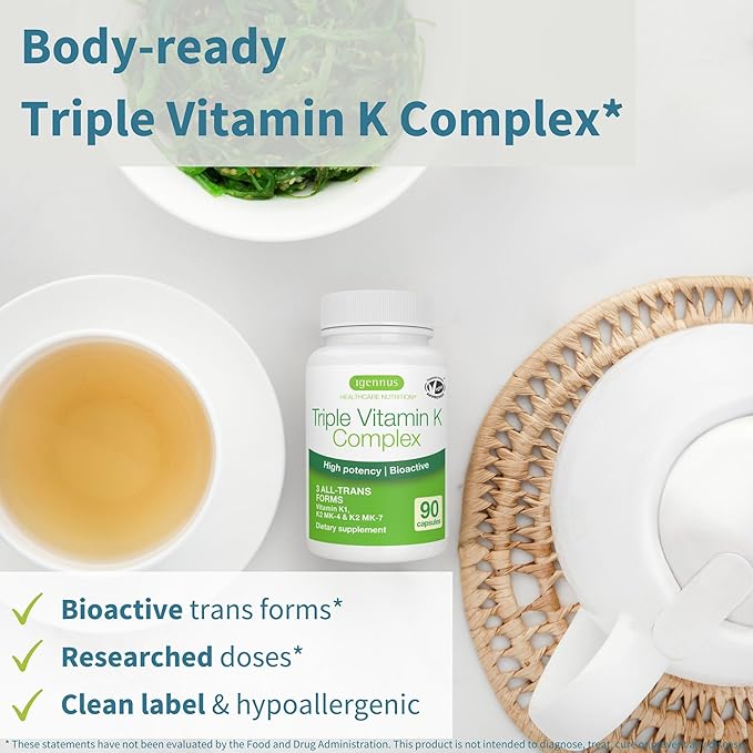 Igennus Daily Vitamine D3 + Complexe Triple Vitamine K Haute Résistance, 2000iu Cholécalciférol + 2700mcg Vitamines K1 et K2 (MK-4 et MK-7) Bioactives Avancées