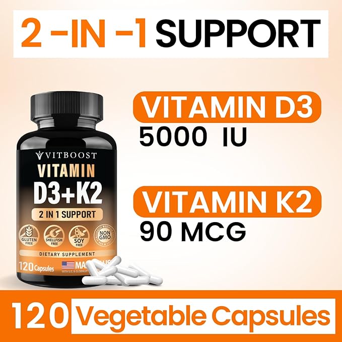 VITBOOST Complexe Vitamine D3 K2 - Facile à avaler - Vitamine D (D3) 5000 UI (125 mcg) & K2 (MK-7) 90 mcg | Sans OGM | Sans Gluten | Fabriqué aux États-Unis | 120 Gélules